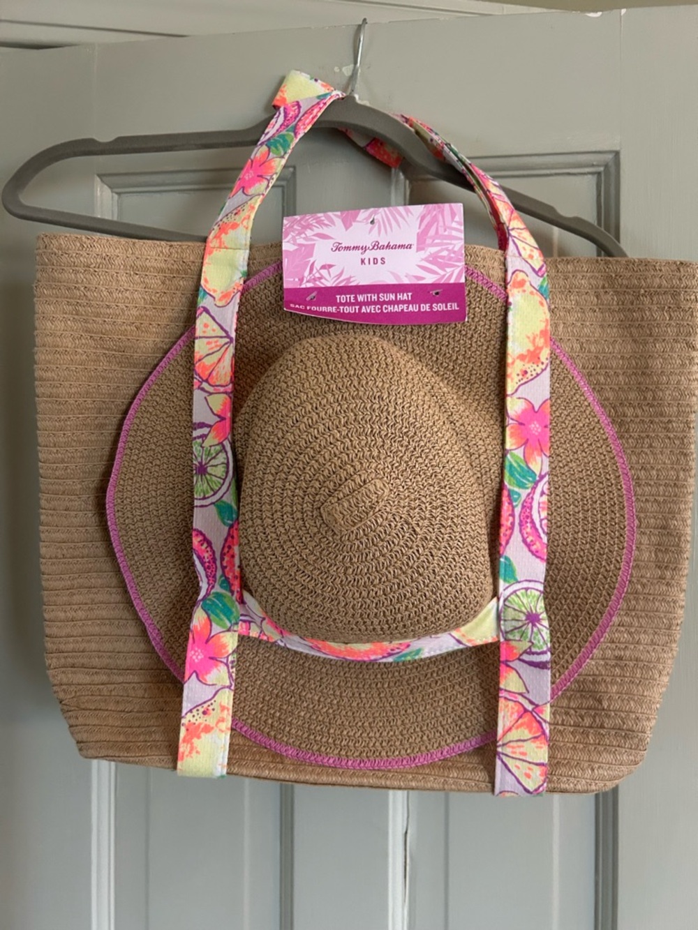 Tommy Bahama Kids straw tote bag sold as a set with a matching sun hat NEW
